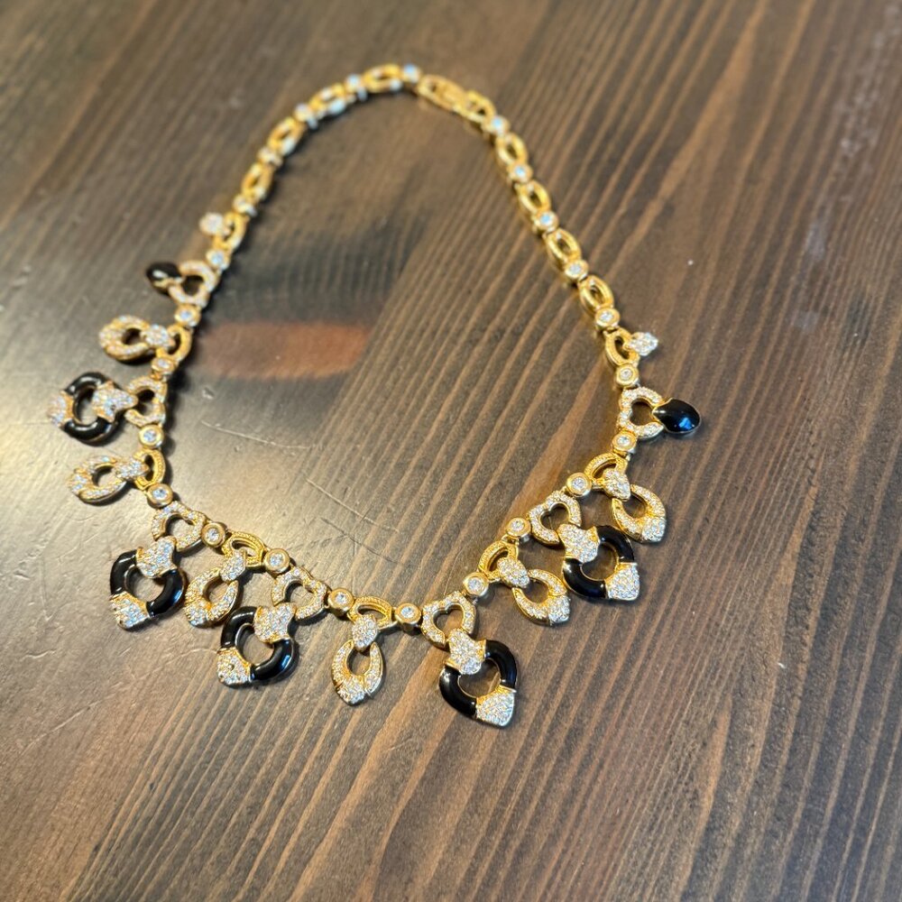 Princess Necklace with Black Rhinestone Pendants 18" Long gold Tone